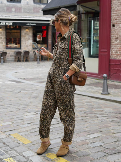 Langärmeliger Jumpsuit mit Leopardenmuster